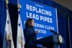 Vice President Kamala Harris announcing investments to replace lead pipes in Pennsylvania in February 2024